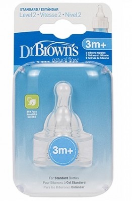  Набор силиконовых сосок Dr Brown's для стандартных бутылочек  для детей от 3 мес. ,  в футляре, 2-ой уровень (2 шт).