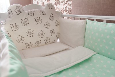 Комплект в кроватку Teddy mint,   (5 предметов): подушка, наволочка, простынь на резинке, плед, бортики-подушки.
